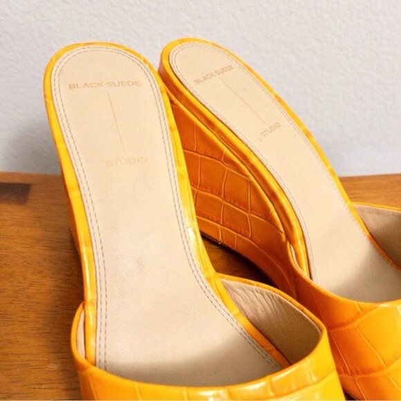 NEW Black Suede Studio Paloma Leather Wedge Heel 38 Bright Marigold Sandal Croc - Picture 3 of 9
